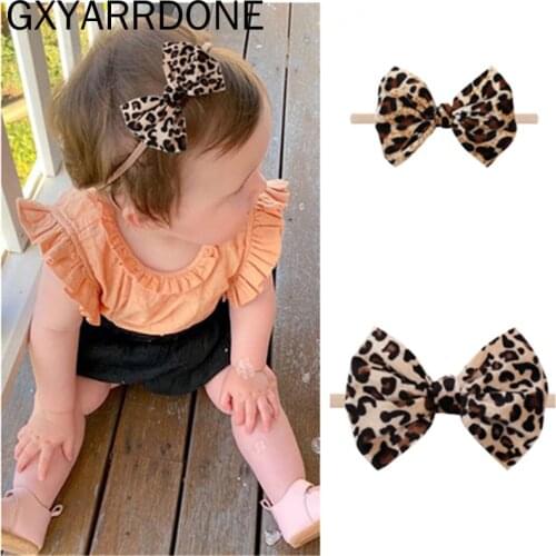 2021 Baby Girls Leopard Bowknot Nylon Headbands Newborn Toddler Thinny Elastic Nylon Bows Hairbands Hair Accessories