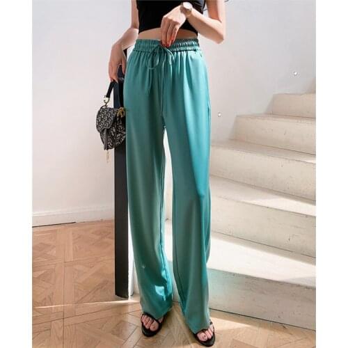 High Waist Wide Leg Pants Women Solid Color Oversized Silk Satin Vintage Black Pink Pants Female Casual Loose Trousers