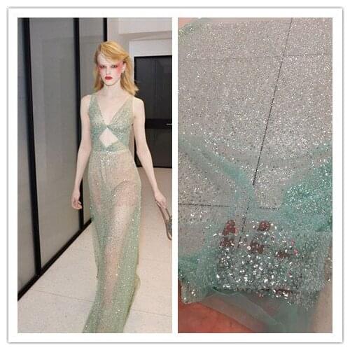 Beads and Sequins Bridal Wedding Dress Lace Fabric High Quality Embroidery Mesh Tulle French Lace Fabric