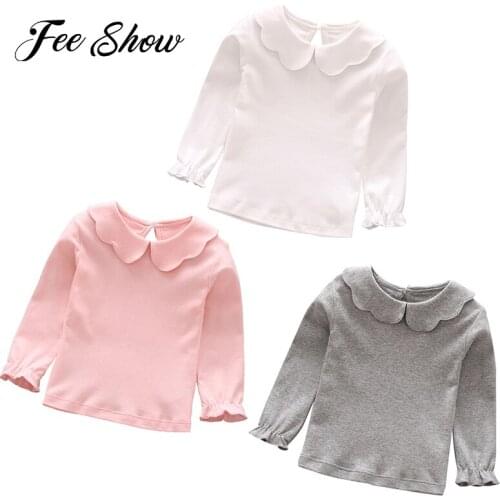 Baby Girls T-Shirt Summer Long Sleeve Tee Tops Kids Solid 100% Cotton Clothes Infant Baby Doll Collar T-shirts Top Girls Blouse