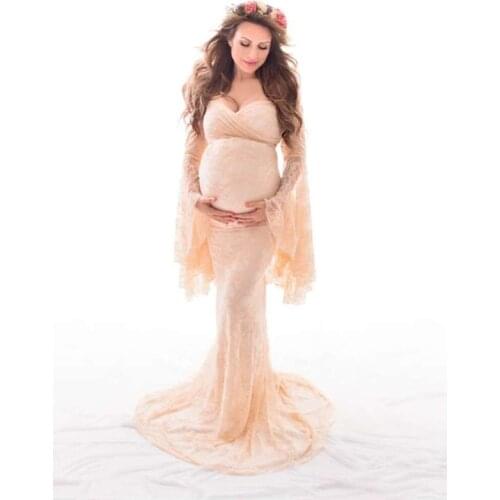 Flare Sleeve Lace Maxi Gown Maternity Dress Sexy V-neck Pregnancy Dress For Photo Shoot Long Sleeve Maternity Gown Women