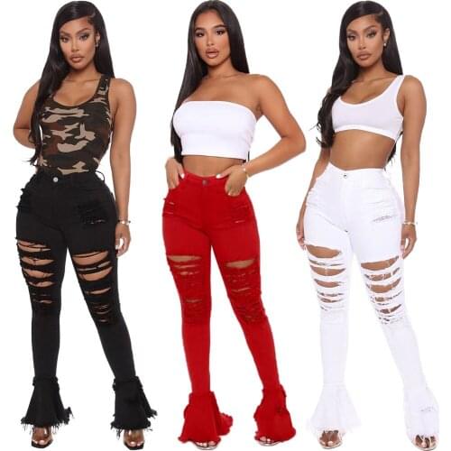 Cute Ripped Ruffled Jeans Ladies Temperament Fashionable All-match Daily Wear Can Be Sweet and Spicy Streetwear Nightclub Jeans