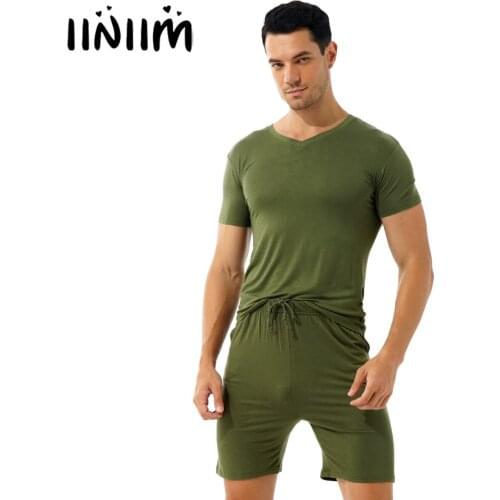 Men Summer Casual Solid Color Pajama Set Nightwear Underwear Homewear V Neck Short Sleeve T-shirt Mid Waist Drawstring Shorts
