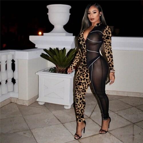 Imcute Fall Jumpsuit 2020 Sexy Women Mesh See Through Floral Print Patchwork Rompers One-piece Long Sleeve Front Zip Up Jumpsuit