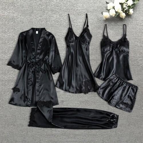 Sleepwear Female 5/4PCS Pajamas Set Satin Pyjamamas Lace Patchwork Bridal Wedding Nightwear Rayon Home Wear Nighty&Robe Suit