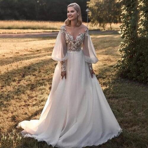 Long Puff Sleeves Wedding Dresses Boho Chiffon Illusion O-Neck Appliques Lace Buttons Princess Party Country Robe Bridal Gowns