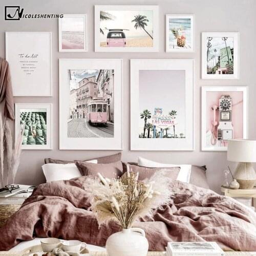 Pink Vintage Cityscape Canvas Poster Nordic Art Print Train Architecture Beach Landscape Painting Decorative Picture Home Decor