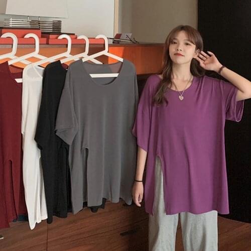 TingYiLi Side Slit Oversized Cotton T-shirt Women Summer Short Sleeve Basic Tops Casual Loose Gray Purple White Black T Shirt
