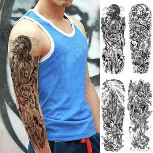 Waterproof Temporary Full Arm Tattoo Sticker Brave Warrior God Skull Death Flash Tatoo Man Body Art Big Fake Sleeve Tatto Female
