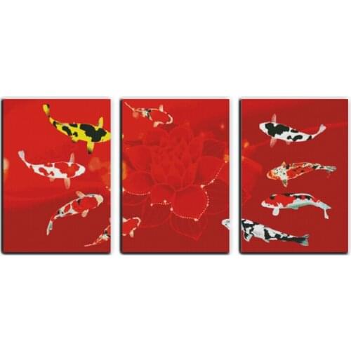 Opportunity knocks(3)(nine fishes picture) (triptych) cross stitch red canvas stitching embroidery DIY handmade needlework