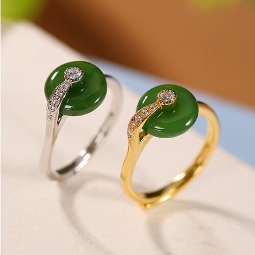 S925 sterling silver gold-plated natural Hetian jade simple temperament peace buckle womens opening ring bracelet