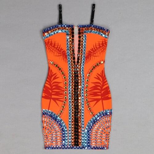2020 New high quality women orange and blue diamonds leaf print Bandage Dress Celebrity Party Club dress wholesale