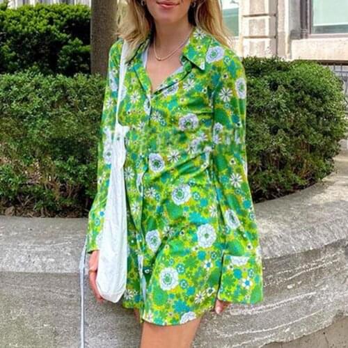 Sampic Y2K Fashion Wrap Floral Print Summer Casual Beach Sexy Mini Dress Women Chic Green Pink Long Sleeve Blouse Dress 2021