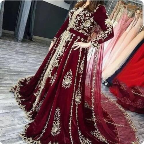 Dubai Arabic Muslim Gold Appliques Lace prom dresses Caftan Velour Party Long Evening Dress платье на выпускной 2021