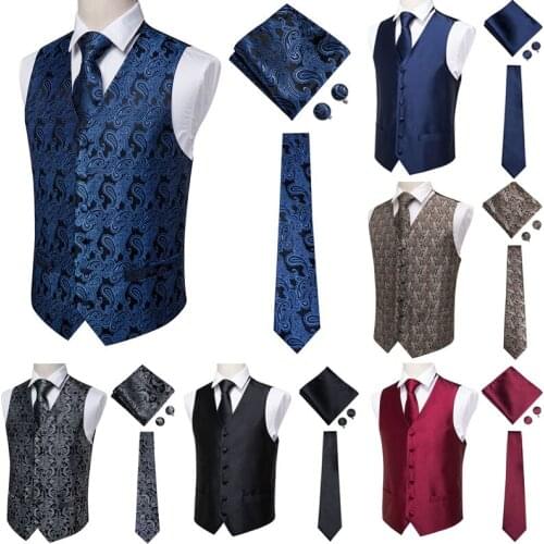 Suit Vest for Mens Classic Paisley Jacquard V-neck Waistcoat Vest Handkerchief Party wedding Tie vest Suit Pocket Square Set