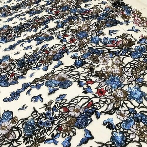 1Y/lot Apricot mesh embroidered sequins fabric for wedding dress performance costume decoration