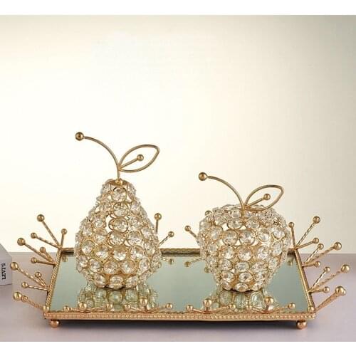 3D Crystal Ornament Bling Rhinestone Pear Apple Ornament Wrought Iron Tray Heat Resistant Home Wedding Party Gifts Decoration