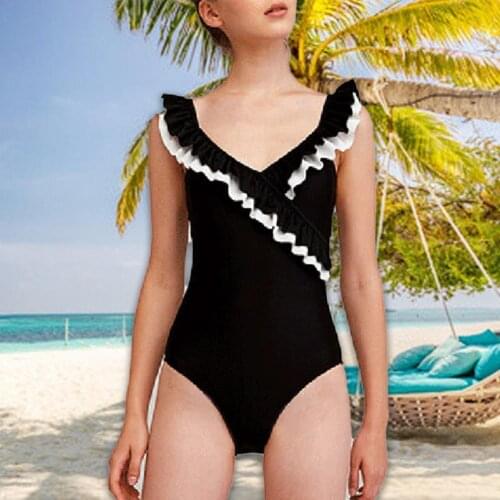 40%HOT Swimwear Sexy High Waist Lotus Leaf Low Collar Backless Deep V Bikini Swimsuit for Swimming Pool