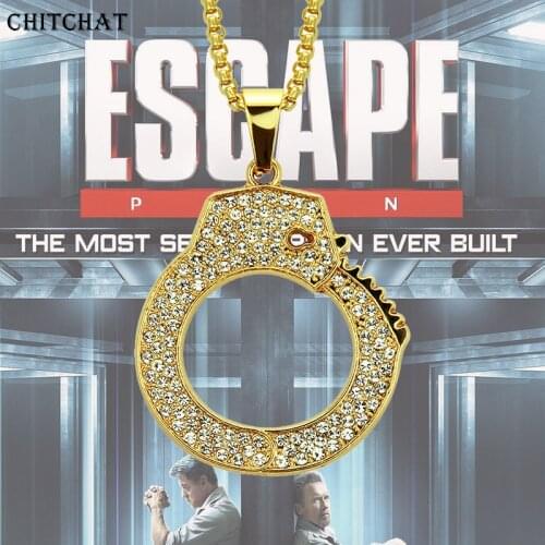 CHITCHAT Personality Handcuffs Pendant Necklace Hip Hop Crystal Necklace Iced Out Jewelry Rhinestone For Man Gifts
