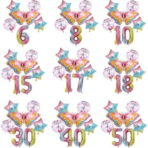 Coulourfully Butterfly Number Balloons Set Pink Birthday Butterfly Balloon Rainbow Number Helium Ball Birthday Party Decorations