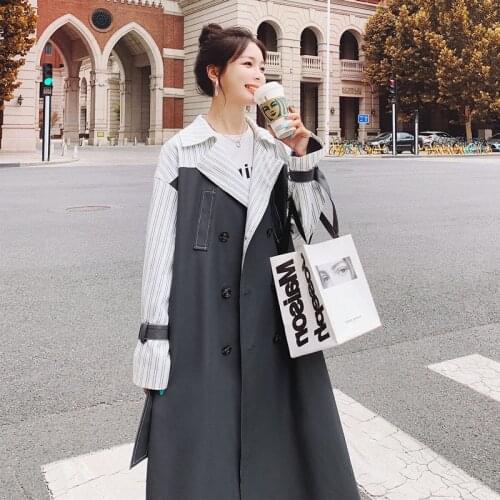 Long Womens Windbreaker Stripe Stitching Spring Autumn Loose Commuter Ladies Cloak Gray Korean Quality Trench Coat Female New