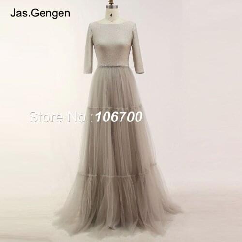 Silver Thread Jersey Long robe de soiree Evening Dresses Rhinestone Crystal Pleat Tulle Half Sleeves Prom Gown 1118a