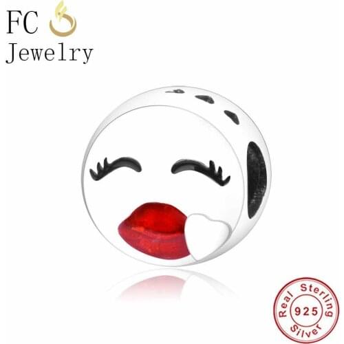 FC Jewelry Fit Original Brand Charms Bracelets Authentic 925 Silver Face Red Lip Love Kiss Beads for DIY Making Gift Berloque