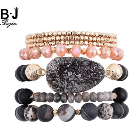 BOJIU Natural Matte Stone Bracelets Set For Women Gold Tiny Hematite Black Drzuy Onyx River Stone Pink Crystal Bracelet BCSET200