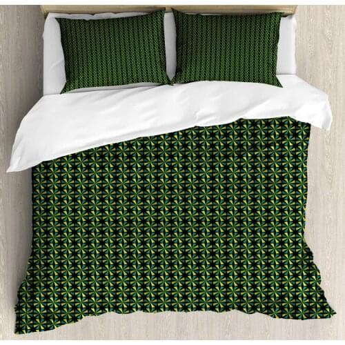 Abstract Duvet Cover Set Geometric Star Shape with Triangles 3 Piece Bedding Set Pale Olive Green Yellow Green Teal and Dark