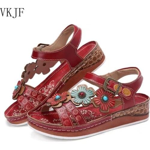 Summer Women Leather Shoes New Hand Painted Sewing Ladies Slides National Ethnic Style Slippers