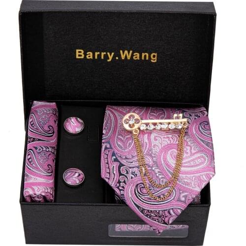 Mens Wedding Tie Purple Paisley Silk Tie Hanky Brooch Set Barry.Wang Jacquard Woven Fashion Neck Ties For Men Party Gift Box