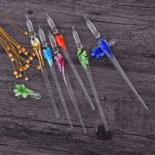 New Inner Flower Glass Pen Dip Pen Set Color Gold Powder Ink Handmade Crystal Pen Christmas Gift