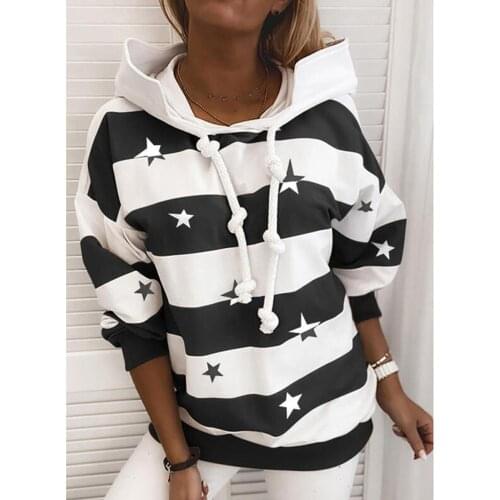 Autumn new woman wide striped hoodie sweatshirt stars pattern fashion pullover tops warm clothes oversized hoodie