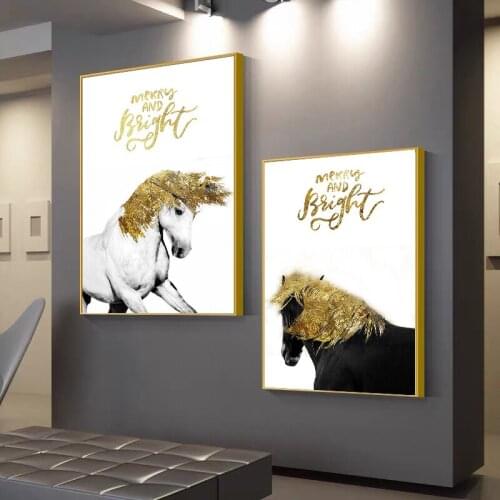Modern Golden Temple Black Horse and White Horse Posters and Prints Canvas Paintings Wall Art Pictures for Living Room Decor