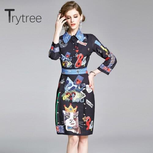 Trytree Spring Summer Woman Casual Dress Peter pan Collar Button Cartoon Three Quarter Sleeve Fashion A-line Vintage Mini Dress