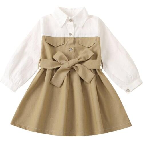 Pudcoco 2-7 Years Little Girls Stitching Khaki One-piece Dress, Lapel Long Sleeve Bow Lace-up Button Shirt Dresses Sweet Lovely