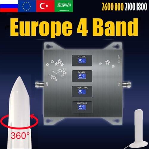 All 4G band LTE + 800 1800 2600 MHz 3G 2100 4 Band Signal Repeater Amplifier Booster B20 B3 B1 B7 support 4 indoor Antenna
