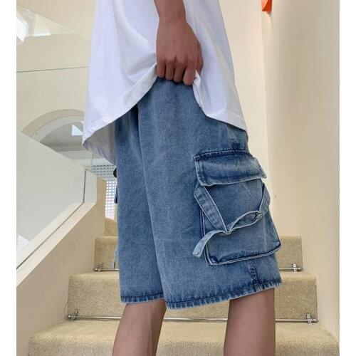 Retro Washed Jeans Summer Sports Wide-leg Straight Shorts Oversize Trend Loose Big Pocket Denim Pants Plus Size Overalls Street