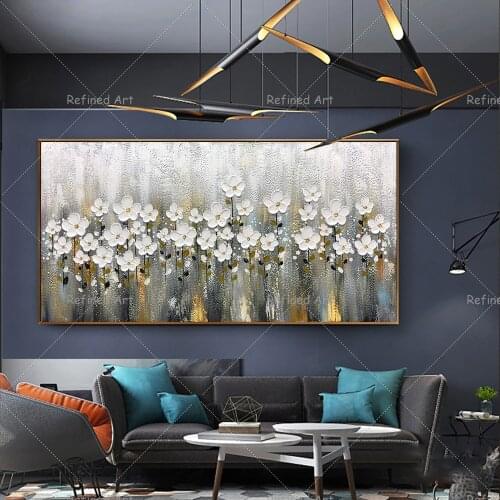 Hand Painted 3D Palette Knife White Flower Oil Painting Wall Art Home Office Simple Decoration Mural Rolled Canvas No Frame