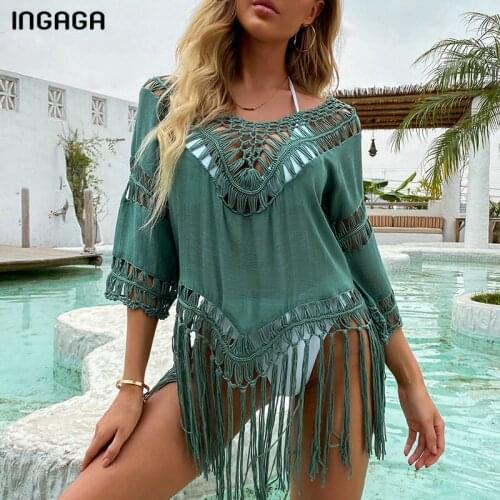 INGAGA Sexy Womens Swimwear 2021 Hollow Out Dress Solid Lace Beach Cover Up Half Sleeve Women Swimsuits Summer V-neck Dresses