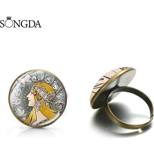 Victorian Series Alphonse Mucha Painting Glass Gem Rings for Women Nouveau Artist Handmade Souvenir Ring Vintage Jewelry