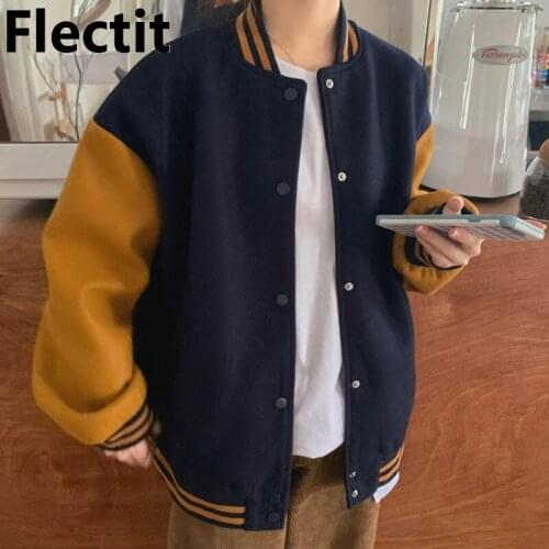 Flectit Color Block Varsity Jacket For Women Bomber Jacket Stand Collar Sanp Button Up Winter Coat School Girl Outfit