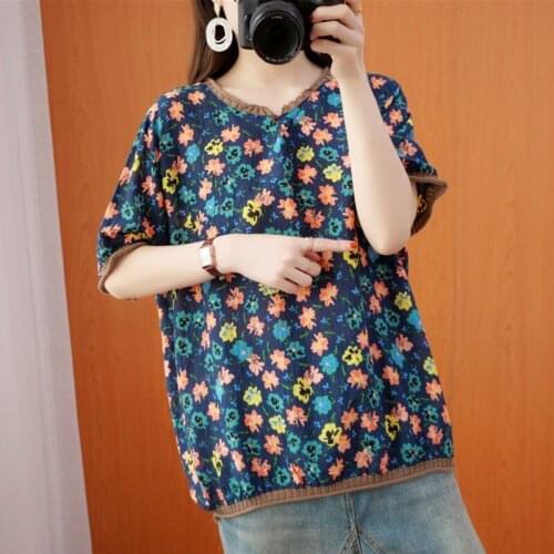 Women Summer Loose Casual T-shirts New Arrival 2021 Vintage Style Floral Print Cotton Linen Female Short Sleeve Tops Tees S3584