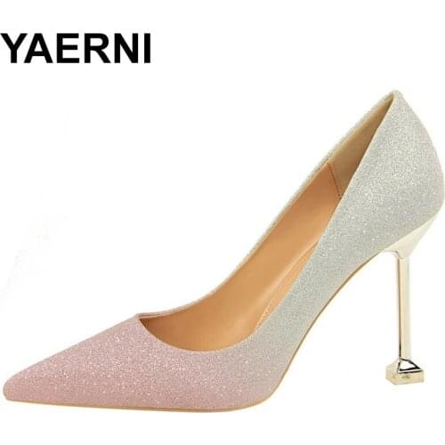 YAERNI Korean-style Fashion Thin Heeled High-Heel Shallow Mouth Pointed Mixed Colors Shiny Color Gradient-Slimming WOMENS Shoes