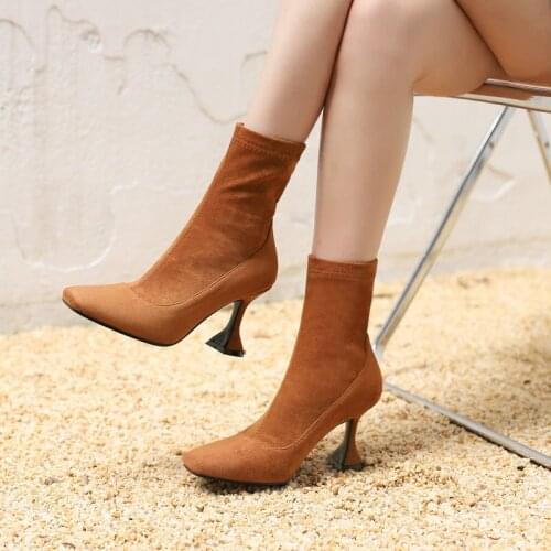 2021 Lady Spring Autumn Mid Calf Boots Fashion Faux Suede Wine Glass Heel Women Shoes Square Toe Comfortable Slip On Winte Boots