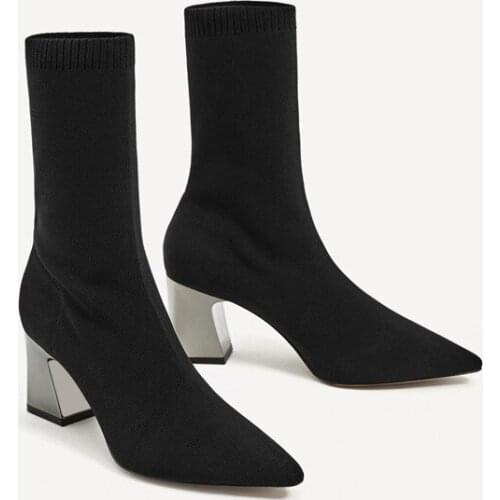 2-Style stretch fabric socks boots silver chunky elastic chelsea botines pointed toe knitted slim ankle botas winter women shoes