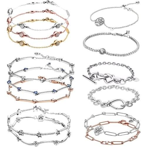 Women Link Chain Strand Stretch Tennis Bracelets Real 925 Silver Original Fine Jewelry Crystals Zircon Lovepod Heart Flower Star