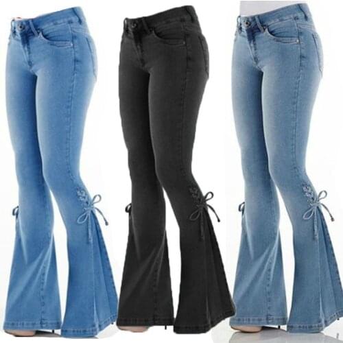 Women Denim Flare Pants Ladies Sexy New Fashion Slim High Waist Skinny Wide Leg Jeans Summer Pocket Long Trousers For Female