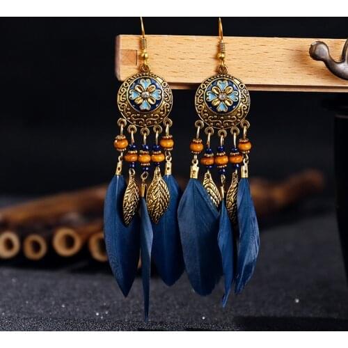 Bohemian Round Oil Painting Long Fringed Earrings Female Feather Earrings European and American Earrings