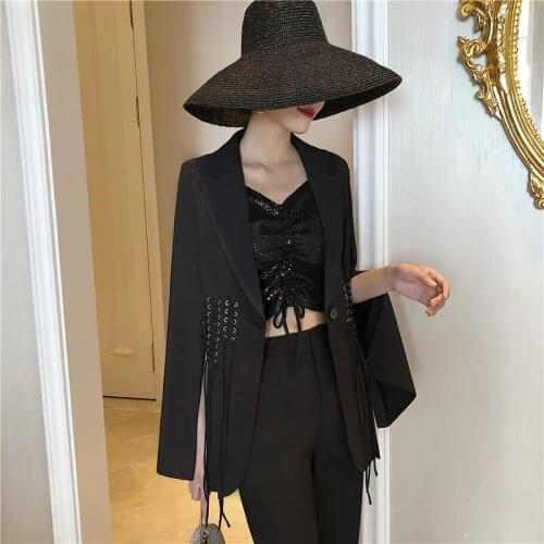 HIGH STREET Fashion Womens Coat Metal Hole Tie Rope Tassel Long Sleeve Slit One Button Black Notched Women Blazer Jacket Suit